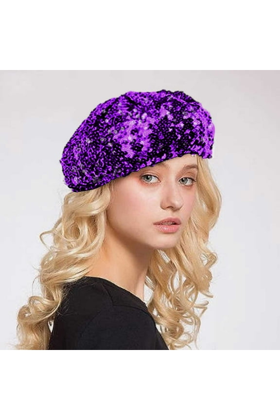 Women Fashion Sparkling Sequins Beret Colorful Cap Nightclub Dress Hat Cozy Purple - One Size