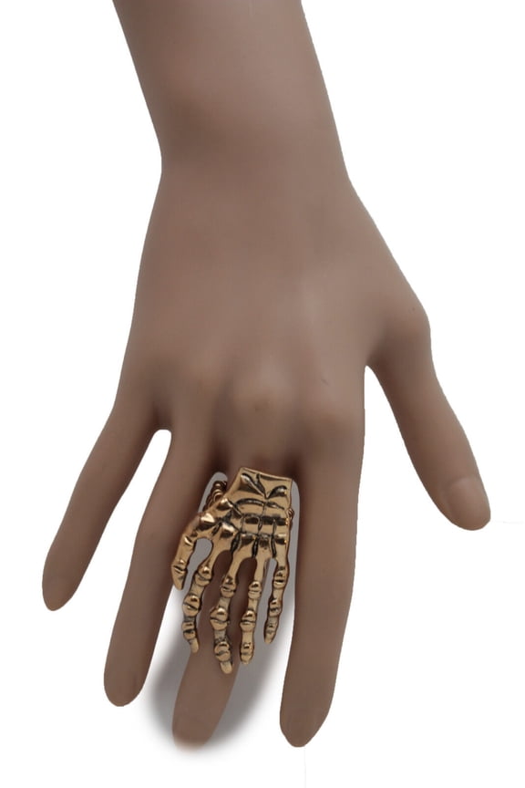Women Fashion Statement Gold Metal Ring Skeleton Hand Skull Halloween One Size
