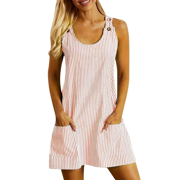 Women Fashion Striped Print Crew Neck Dress Casual Sleeveless Dress With Pockets Short Dress