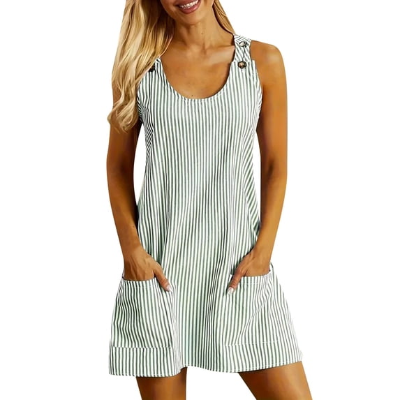 Women Fashion Striped Print Crew Neck Dress Casual Sleeveless Dress With Pockets Short Dress