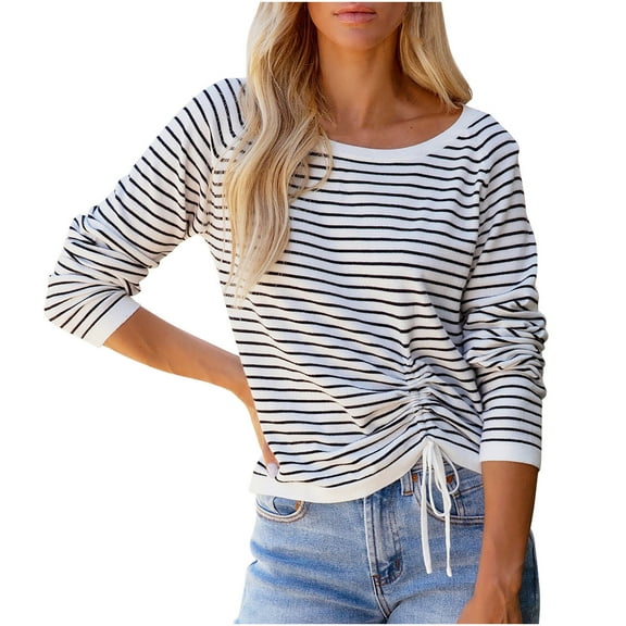 Women Fashion Striped T Shirts Drawstring Crew Neck Casual Long Sleeve Tee Shirt Tshirt Spring Tops Blouses