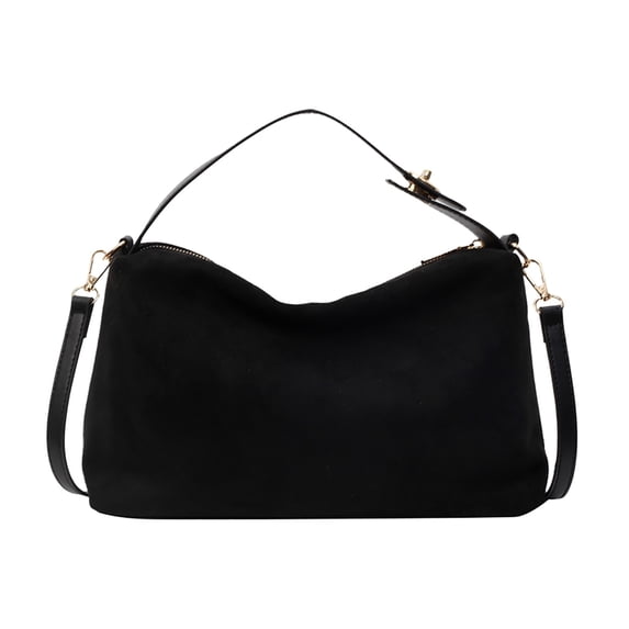 Women Fashion Suede Zipper Shoulder Bag Solid Color Handbag Purse Black