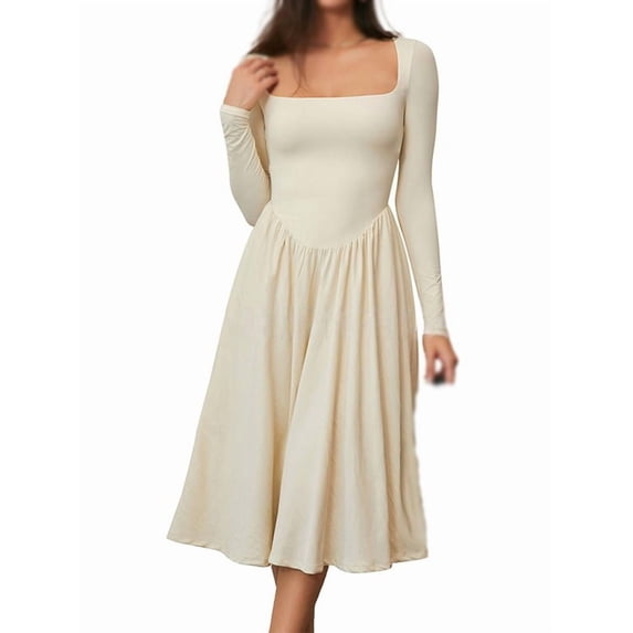 Women Fashion Summer 2025 Square Neck Short Sleeve A-Line Midi Dress Long Sundress