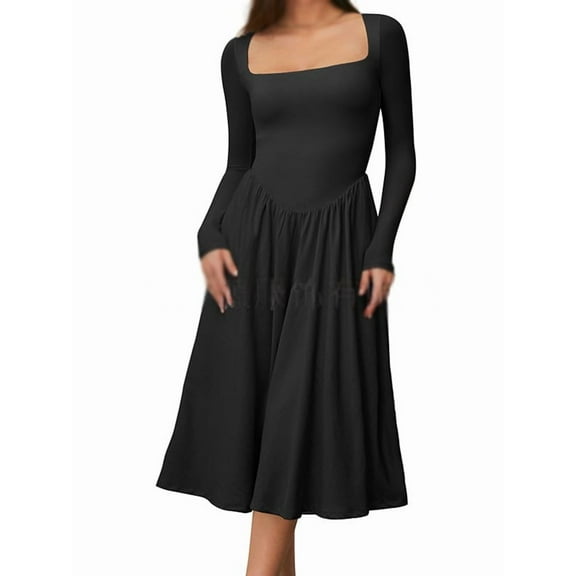 Women Fashion Summer 2025 Square Neck Short Sleeve A-Line Midi Dress Long Sundress