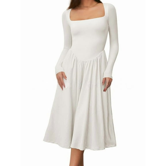 Women Fashion Summer 2025 Square Neck Short Sleeve A-Line Midi Dress Long Sundress