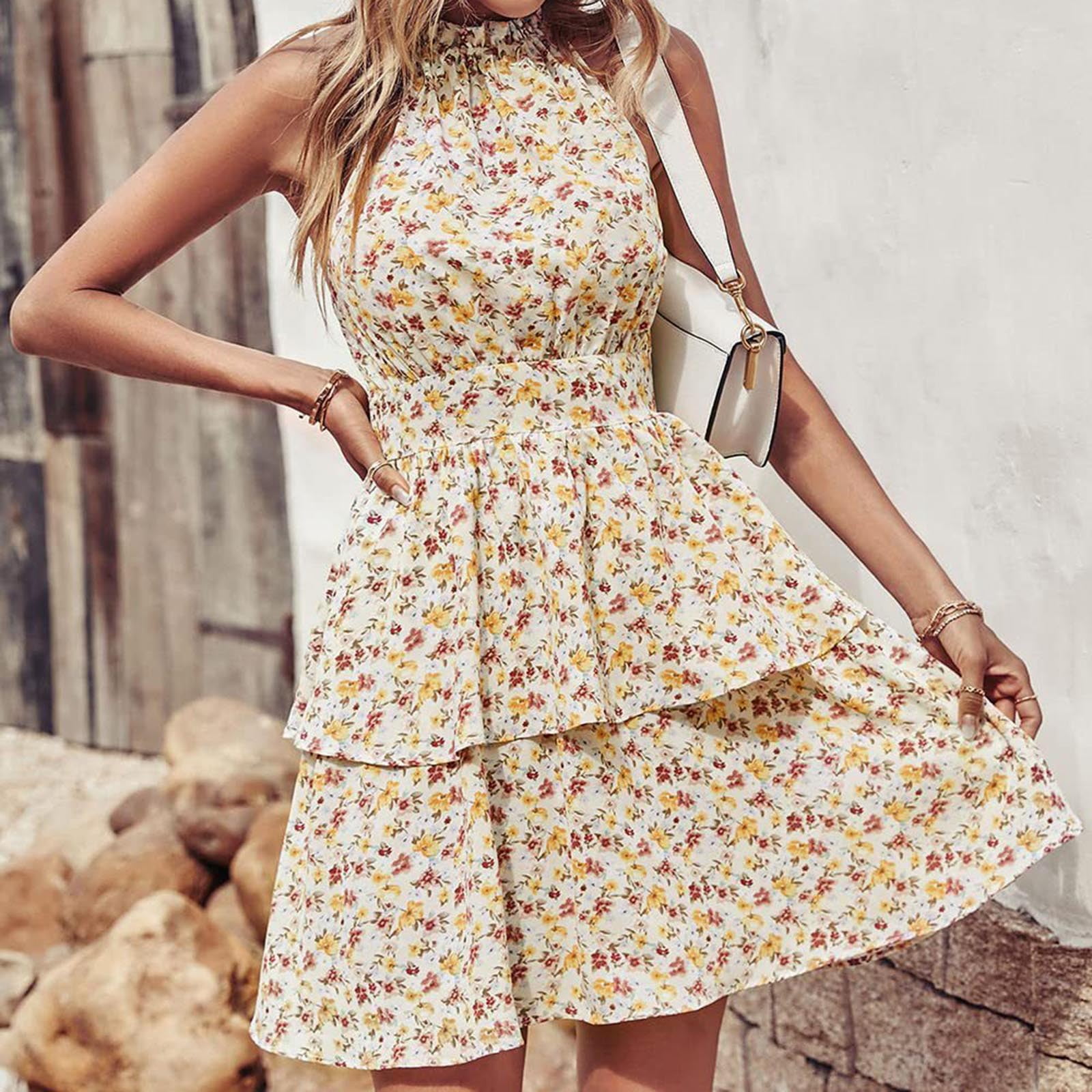 Women Fashion Summer Boho Floral Sundress Sleeveless Halter Neck Elastic  Waist Tiered Ruffle Mini Swing Dress Backless Summer Dress Tie Waist Dress  Sun Dress Women Casual Smock Dresses Woman Dresses - Walmart.com