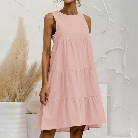 Women Fashion Summer Large And Linen Sleeveless Patchwork Loose Round Neck Solid Color Dress