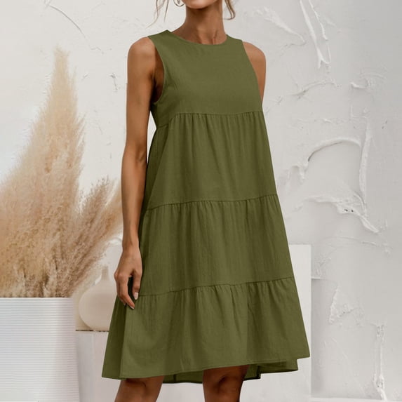 Women Fashion Summer Large And Linen Sleeveless Patchwork Loose Round Neck Solid Color Dress