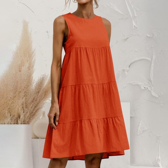 Women Fashion Summer Large And Linen Sleeveless Patchwork Loose Round Neck Solid Color Dress
