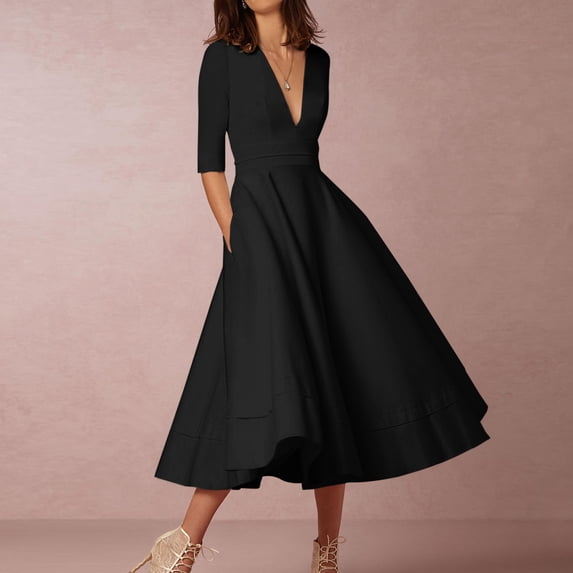 Women Fashion Summer Sexy Short Sleeve V-Neck Solid Mid-Calf Dress