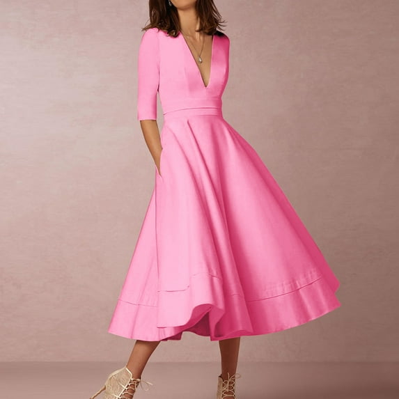 Women Fashion Summer Sexy Short Sleeve V-Neck Solid Mid-Calf Dress