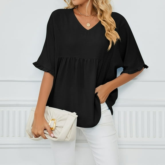 Women Fashion Summer Short Sleeve V Neck Solid Color Tops Casual T Shirt Beaded Turtleneck Womens Stretch T Shirt Short Sleeve Athletic Shirt Women Womens Casual Summer Tops Long Sleeve Plain Shirts