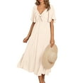 thumbnail image 1 of Women Fashion Summer V-Neck Short Sleeve Solid Waist Dresses, 1 of 9