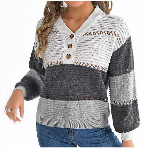 Women Fashion Sweater Color Block Jumper Hollow Cable Knitting Pullover V Neck Knitwear Lightweight Clothes 2025 New Sweaters Vacation Holiday Outfits
