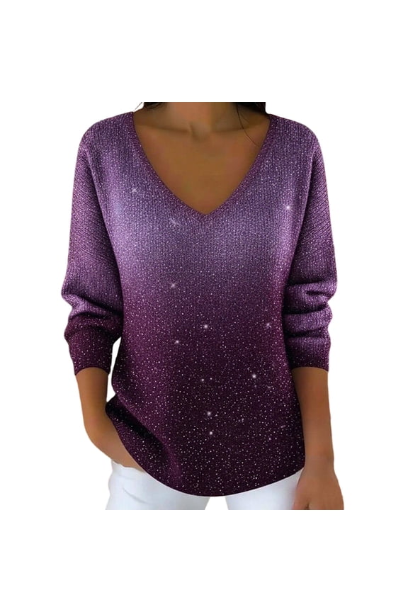 Women Fashion Sweatshirts Casual Drop Shoulder Long Sleeve Sequin Print V Neck Pullover Shirts