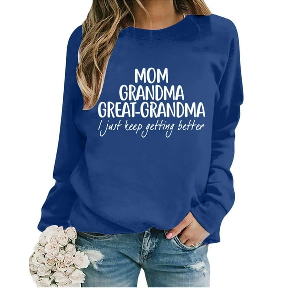 Women Fashion Sweatshirts Mom Letter Print Casual Long Sleeve Crew Neck Loose Fit Pullover Tops Blue