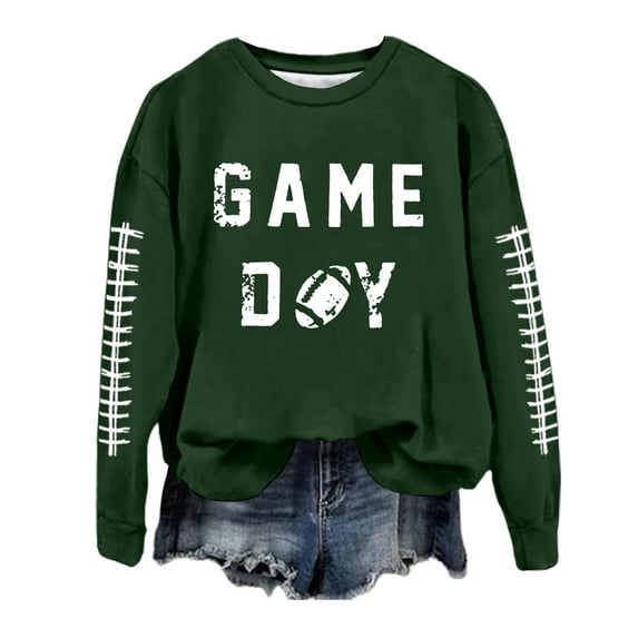 Women Fashion Sweatshirts Rugby Letter Graphic Football Long Sleeve Crew Neck Loose Fit Pullover Tops Dark Green