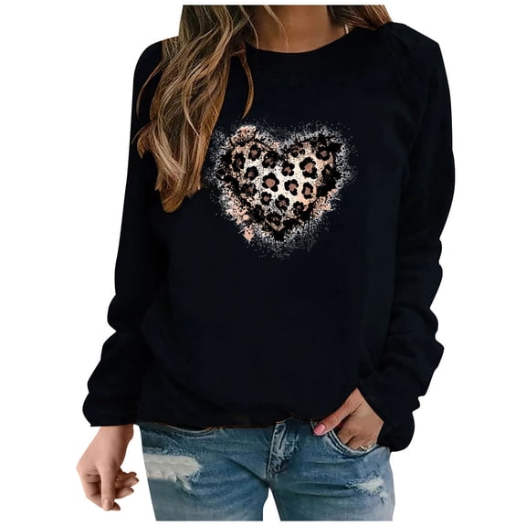 Women Fashion Sweatshirts for Valentines Cute Leopard Heart Graphic Pullover Long Sleeve Shirt Tops
