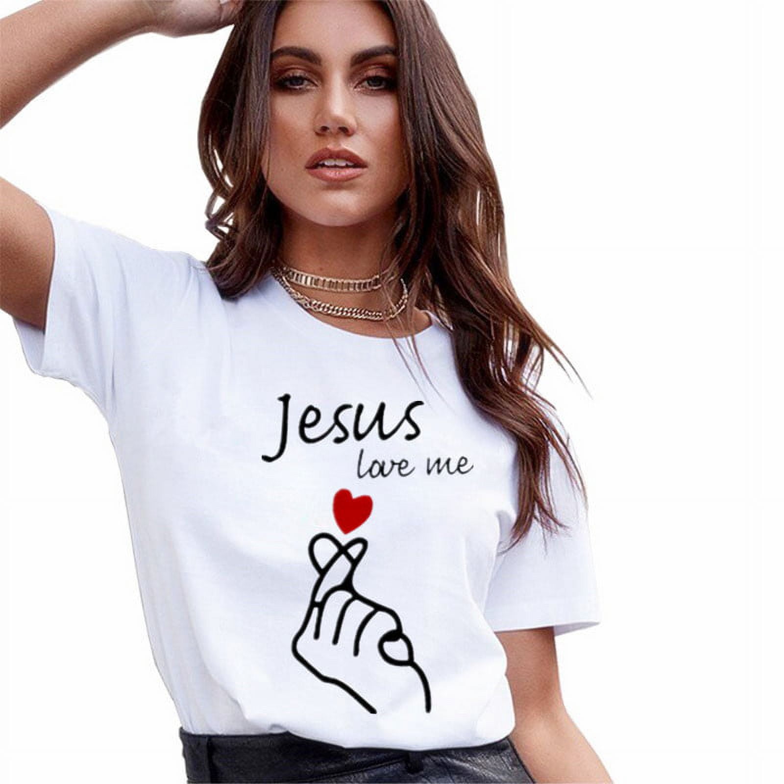 Women Fashion TShirt Short Sleeve Polyester Jesus Love Me Heart Summer