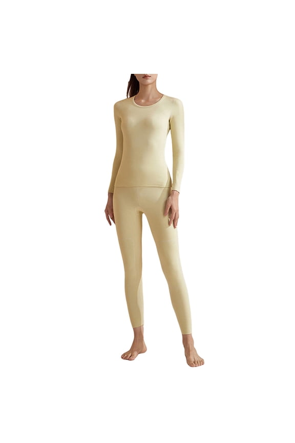 Women Fashion Thermal Underwear Silk Set Pants Crew Neck Clothes Casual Winter Warm Plush Lined Base Layer Soft Thicken Plush Bottoms Tops