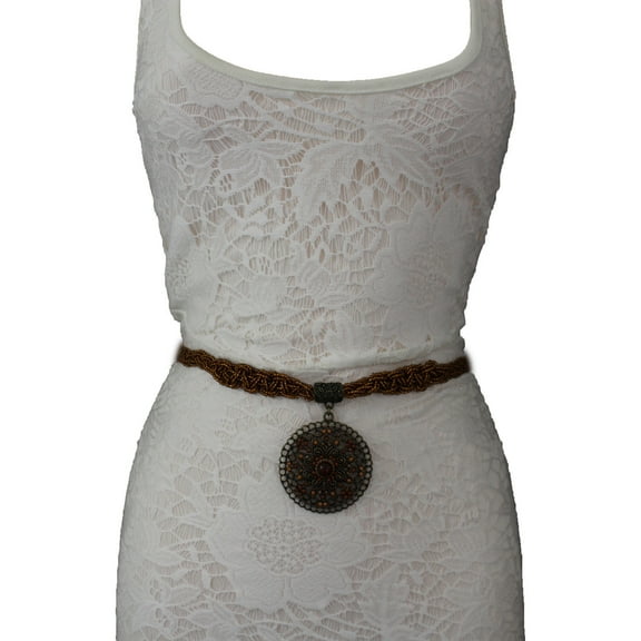 Women Fashion Tie Belt Brown Bronze Beads Hip Waist Big Ethnic Charm Plus M L XL