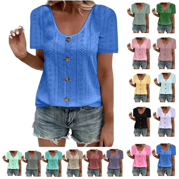 Women Fashion Tops Ndbuld Womens Fashion Summer Short Sleeve Round-Neck Solid Casaul Tops T-shirt Christmas Gifts Blue L