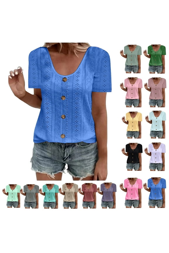 Women Fashion Tops Ndbuld Womens Fashion Summer Short Sleeve Round-Neck Solid Casaul Tops T-shirt Christmas Gifts Blue S