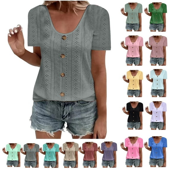 Women Fashion Tops Ndbuld Womens Fashion Summer Short Sleeve Round-Neck Solid Casaul Tops T-shirt Christmas Gifts Gray XXXXL