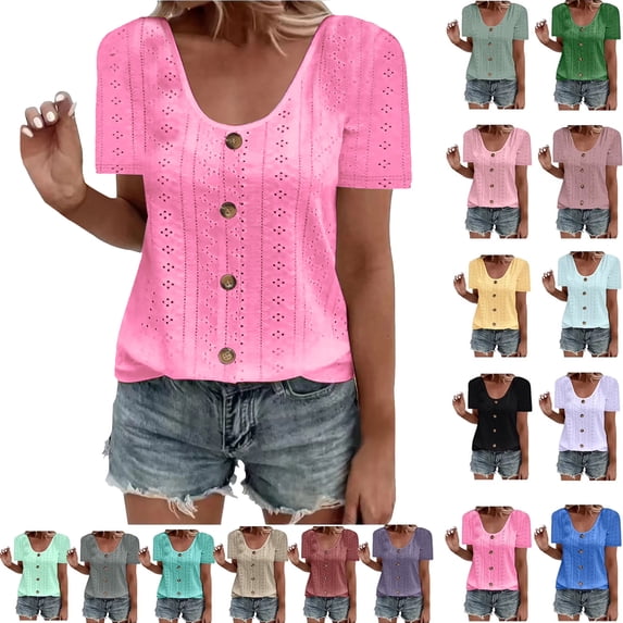 Women Fashion Tops Ndbuld Womens Fashion Summer Short Sleeve Round-Neck Solid Casaul Tops T-shirt Christmas Gifts Pink S