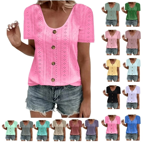 Women Fashion Tops Ndbuld Womens Fashion Summer Short Sleeve Round-Neck Solid Casaul Tops T-shirt Christmas Gifts Pink S
