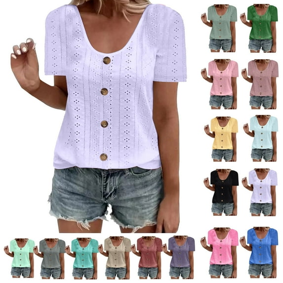 Women Fashion Tops Ndbuld Womens Fashion Summer Short Sleeve Round-Neck Solid Casaul Tops T-shirt Christmas Gifts Purple XXXXXL