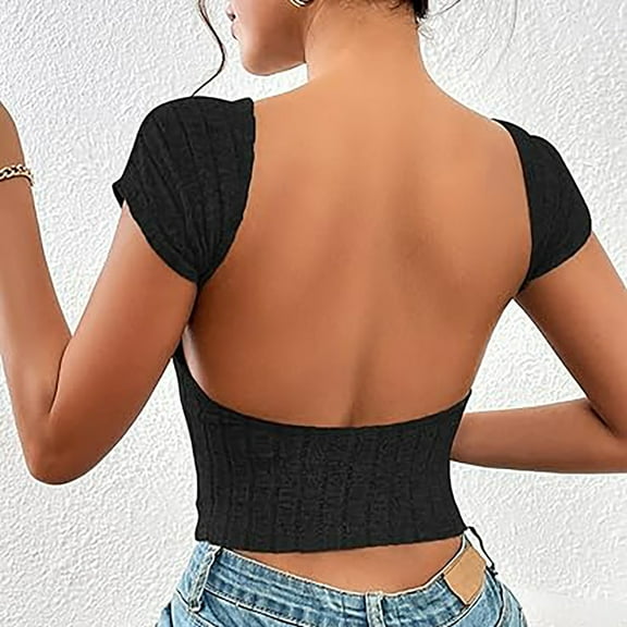 Women Fashion Tops Sawvnm Women Summer Short Sleeve Blouse Backless Sexy Going Out Tops Open Back Basic Tee Shirts Christmas Gifts Black M