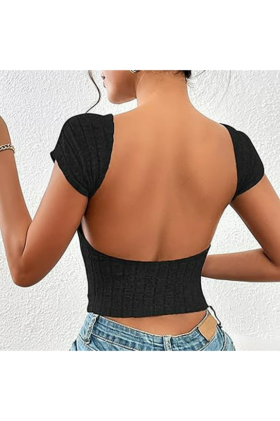 Women Fashion Tops Sawvnm Women Summer Short Sleeve Blouse Backless Sexy Going Out Tops Open Back Basic Tee Shirts Christmas Gifts Black M