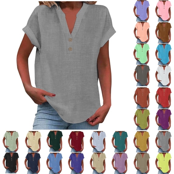 Women Fashion Tops Sawvnm Women's Tops Fashion Solid Button Shirt Female V-Neck Loose T-shirt Blouse Christmas Gifts Gray M