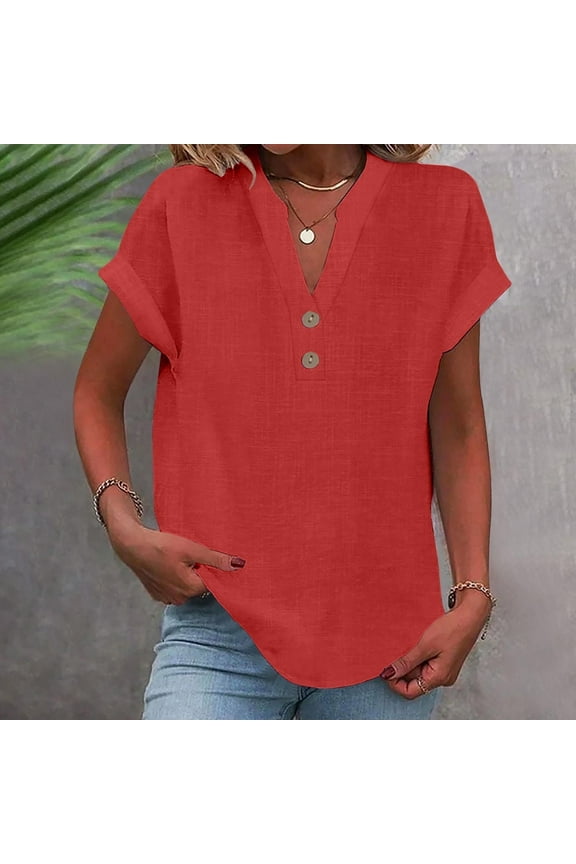 Women Fashion Tops Sawvnm Women's Tops Fashion Solid Button Shirt Female V-Neck Loose T-shirt Blouse Christmas Gifts Red M