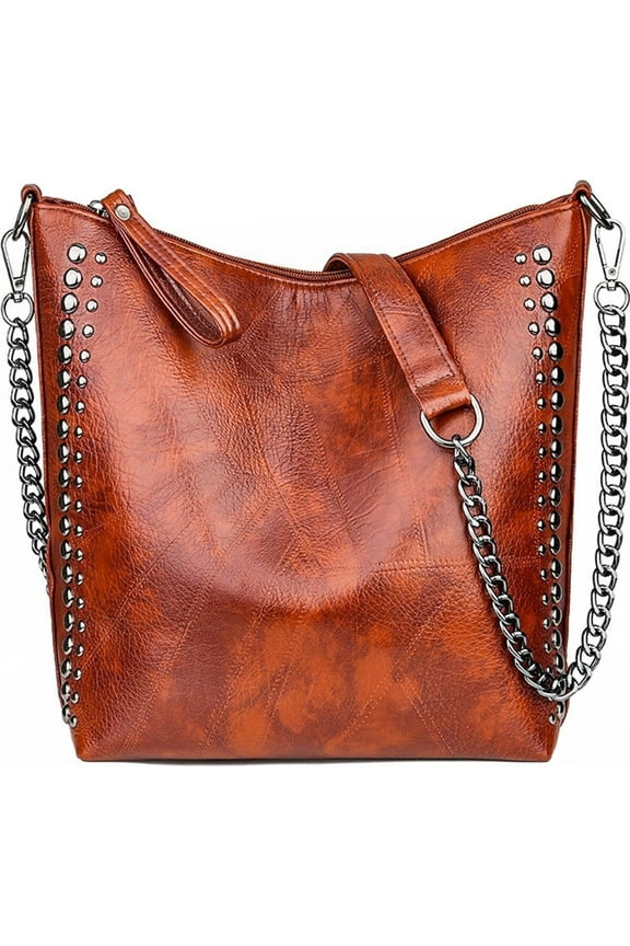 Women Fashion Tote Bag PU Leather Rivet Studded Ladies Purse Chain Shoulder Bag Satchel Work Shopping