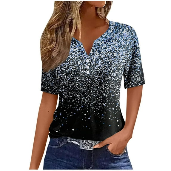 Women Fashion Tunic Tops for Leggings Summer Shiny Colorblock Print Tshirts Casual Dressy Tunics Blouses Loose Fit V neck Short Sleeve T-Shirt Basic Tee Shirt