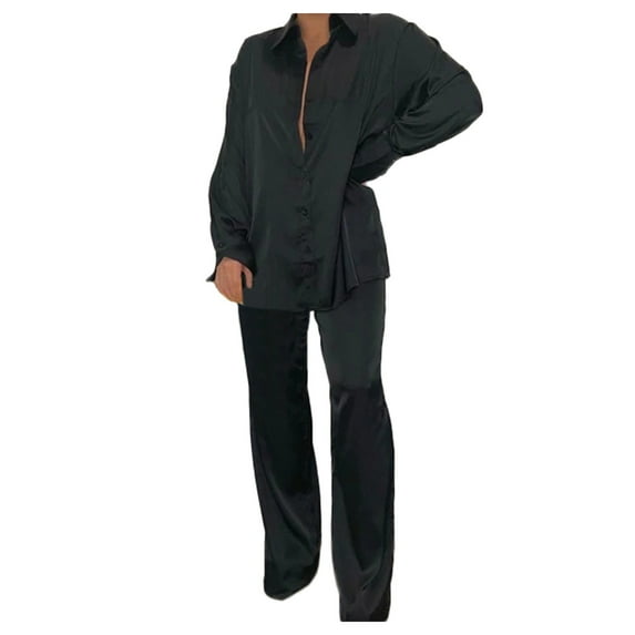 Women Fashion Two Pieces Sets Wide Leg Pants Satin Sets Women 2 Piece Outfits Casual Long Sleeve Button Down Shirt Pants Outfits Fashion Streetwear Pajamas