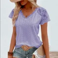 thumbnail image 1 of Women Fashion V Neck Lace Shirt Women Short Sleeve T-Shirts Loose Tee Tops Casual White Green Shirt For Women, 1 of 2