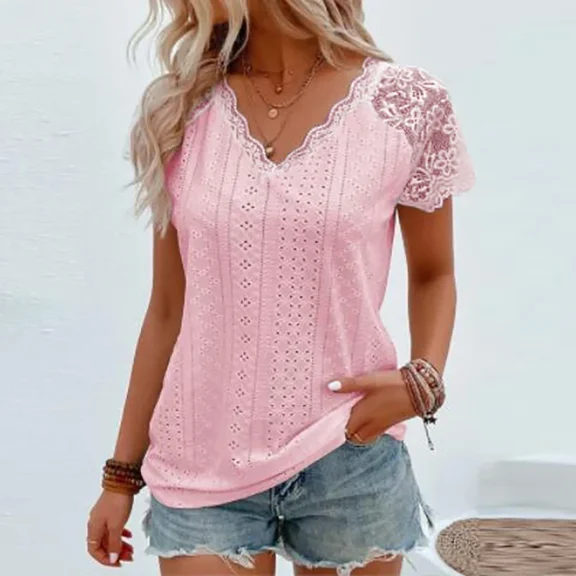 Women Fashion V Neck Lace Shirt Women Short Sleeve T-Shirts Loose Tee Tops Casual White Green Shirt For Women