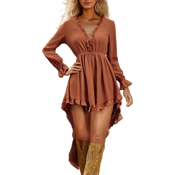 Women Fashion V Neck Vintage Solid Ruffled Long Dress, Polyester Spandex, Sexy Lace Detailing, S-XXL