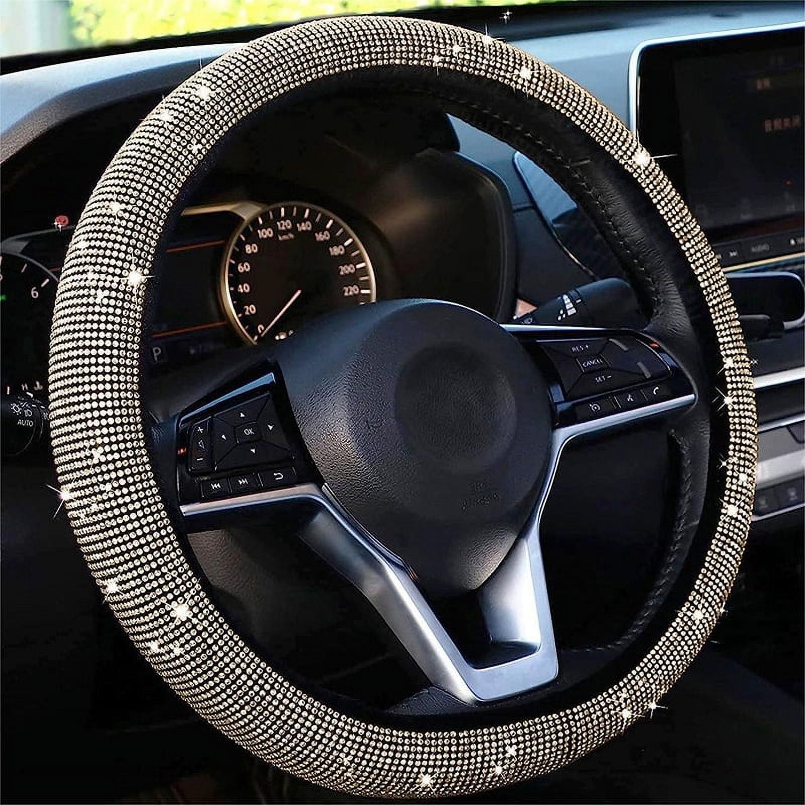 Women Fashion Velvet Bling Steering Wheel Cover with Diamonds, 15 inch Standard Glitter Rhinestone Car Wheel Cover Sparklingchampagne