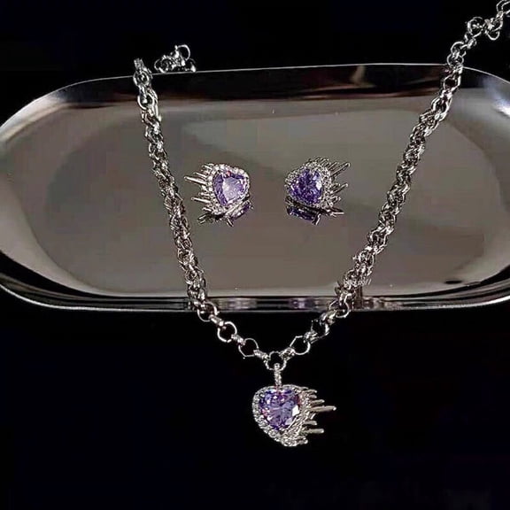 Women Fashion Vintage Crystal Purple Heart Necklace Earrings
