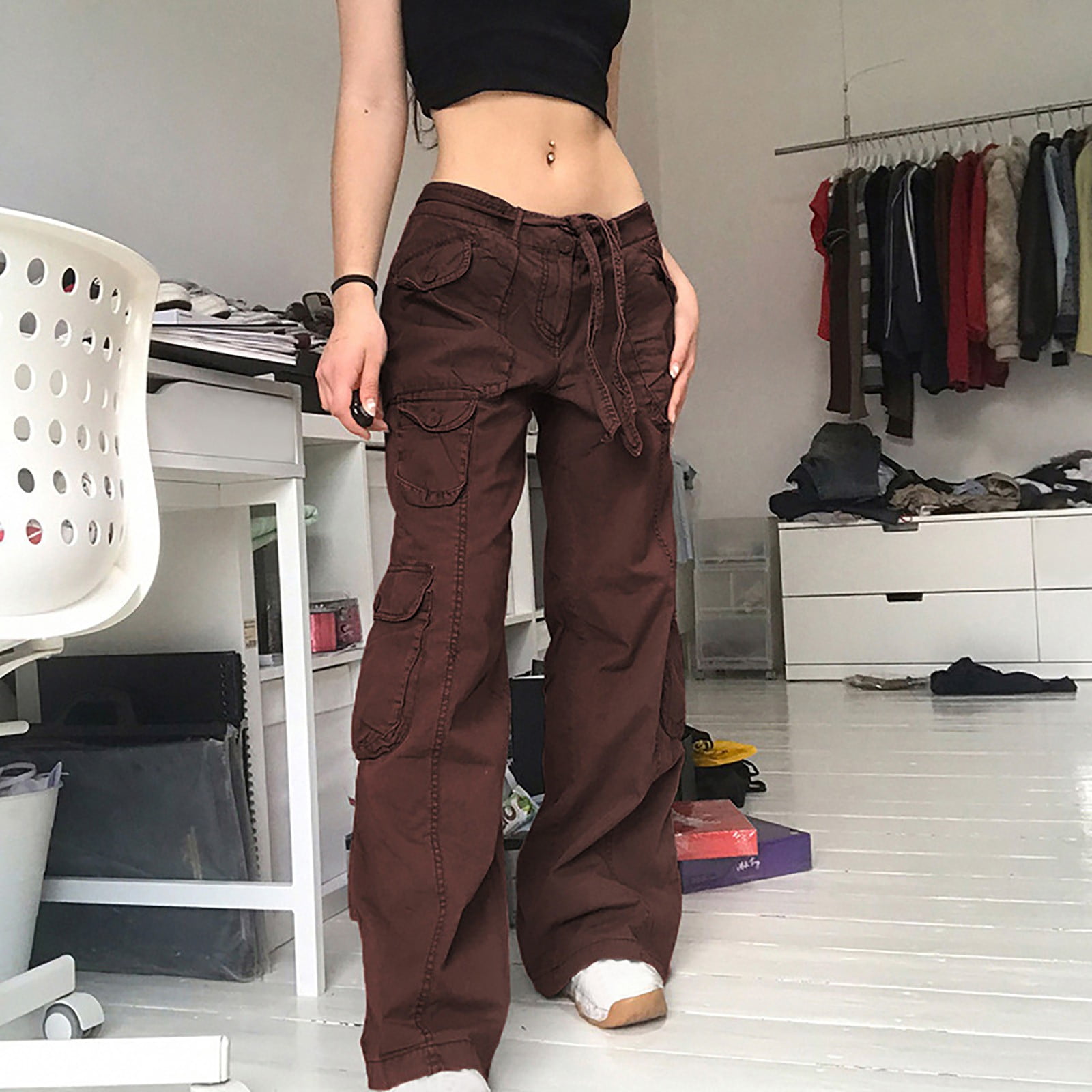 Women Fashion Vintage Low Waist Pants Waistband Chic Harajuku Straight  Denim Pants Cute Trousers Brown L 