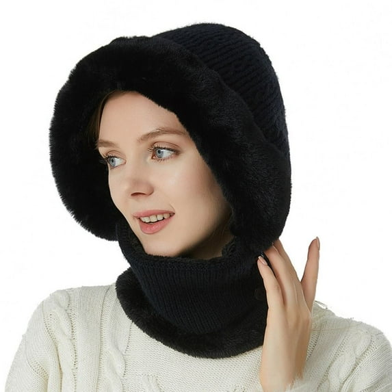 Women Fashion Warmer Multipurpose Plush Knitted Hat Ears Protection Cap Beanie Cap Face Cover Neck Caps BLACK