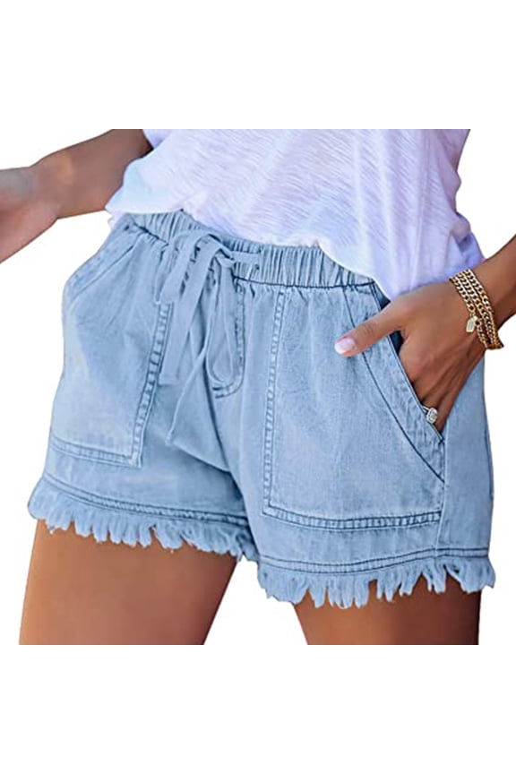 Women Fashion Washed Denim Shorts Casual Drawstring Elastic Waist Frayed Hem Loose Short Jeans Summer Hot Shorts