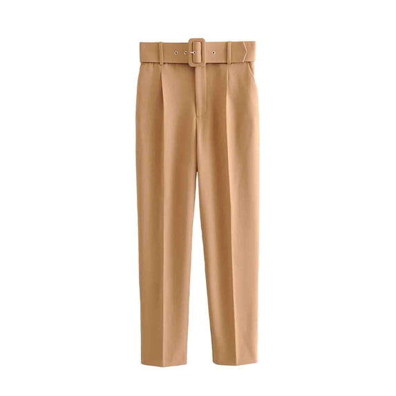 Women Fashion Wide Leg Pants High Waisted Solid Color Full Length Belt Trousers Casual Office Bottoms (XS, Khaki)