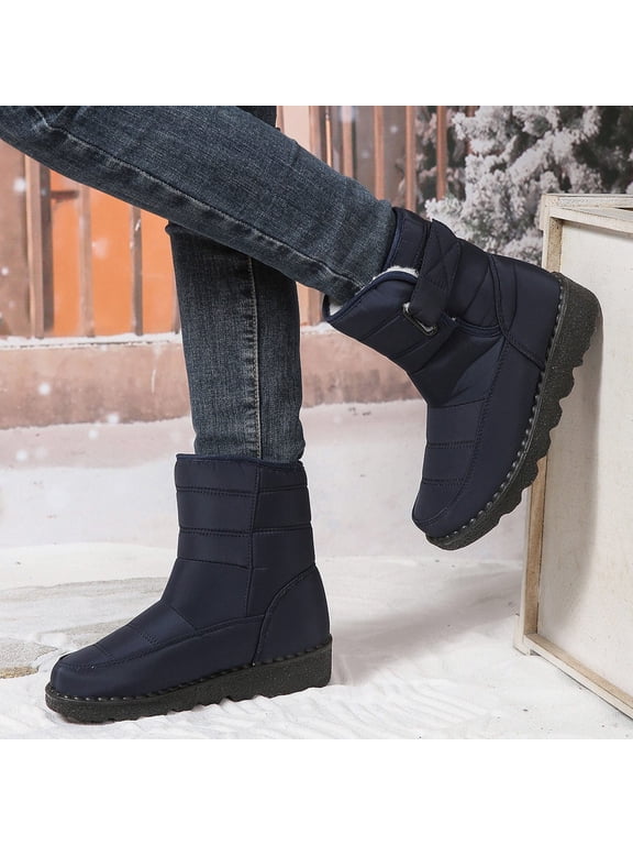 Women Fashion Winter Boots Warm Mid Heel Round Toe Casual Comfortable Cushioned Footbed Rubber Sole Outdoor Indoor Leisure Shoes Dark Blue