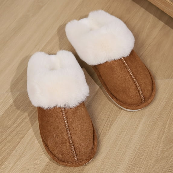 Women Fashion Winter Warm Fluffy Slippers Women Cozy Faux Fur Indoor House Slides Ladies Thick Sole Non Slip Plush Cotton Shoes (Brown,36-37)