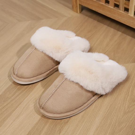 Women Fashion Winter Warm Fluffy Slippers Women Cozy Faux Fur Indoor House Slides Ladies Thick Sole Non Slip Plush Cotton Shoes (Khaki,42-43)